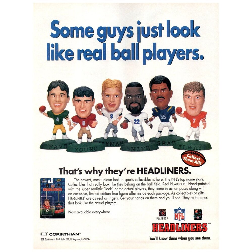 1996 Corinthian Headliners NFL Bobbleheads Vintage Print Ad 90s Wall Art